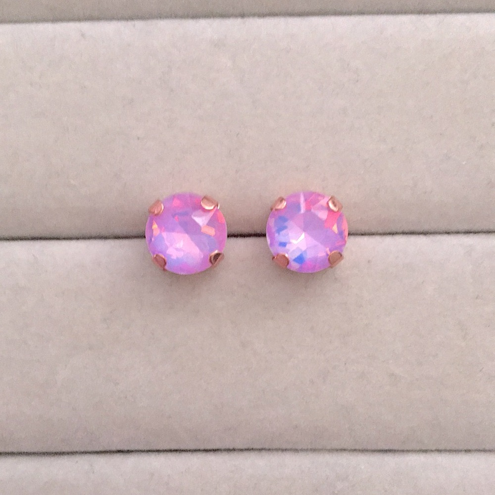 Pink Lilac Purple Opal Aurora Borealis + Rose Gold Crystal Earrings